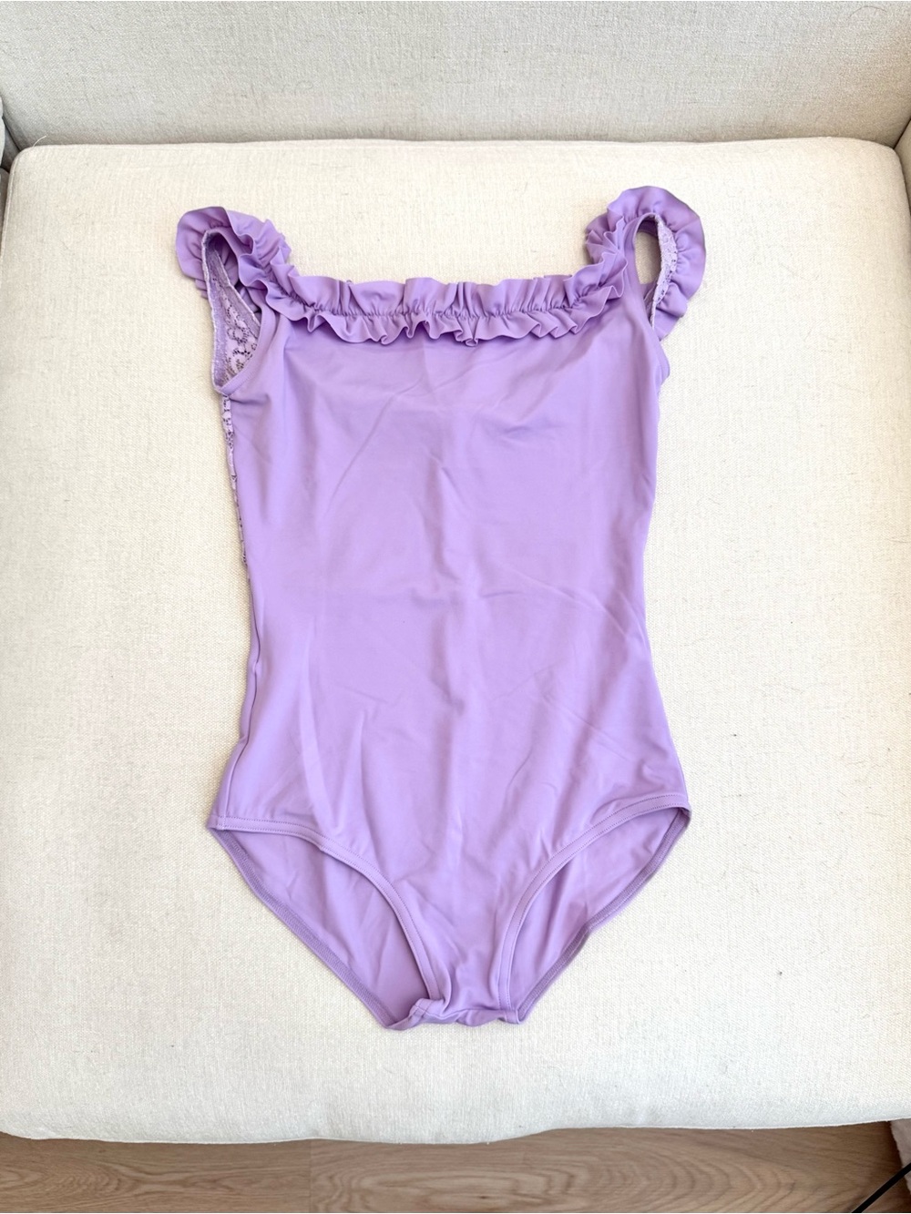 BNWOT Xiaoxiao NYC Ruffle Neckline Off-Shoulder Leotard – Lavender (Size S)